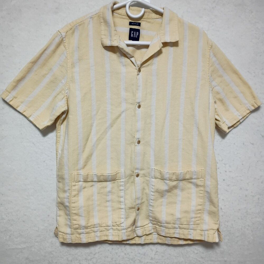 Gap Linen Cotton Blend Striped Shirt Havana Yellow Mens M Pockets Soft Relaxed